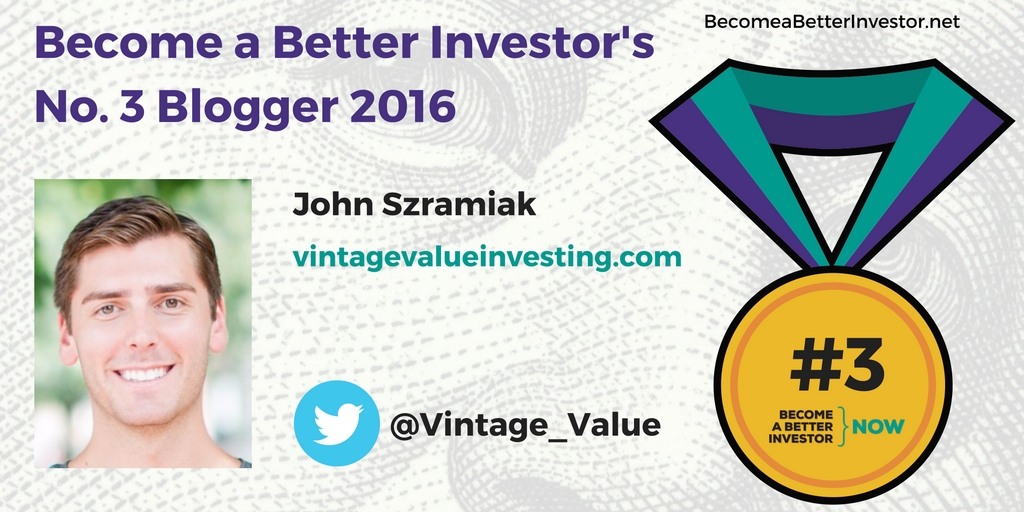 Congratulations @Vintage_Value on becoming the no. 3 Become a Better Investor Blogger 2016!